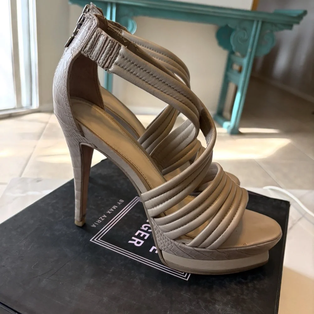 Elegant Taupe Herve Leger Strappy Lamb Heels - Picture 4 of 8